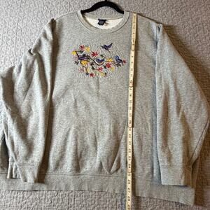 Basic Editions Sweatshirt Womens 3X, Gray, Embroidered Birds Flowers, Boho